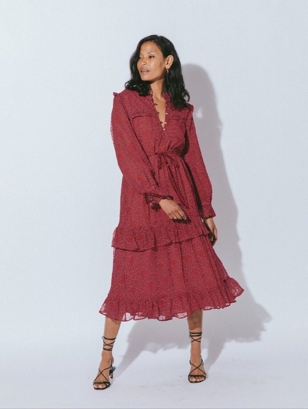 Cleobella Iris Midi Dress Red Women's Size XS NEW Tiered Ruffle Party Evening - Picture 3 of 14